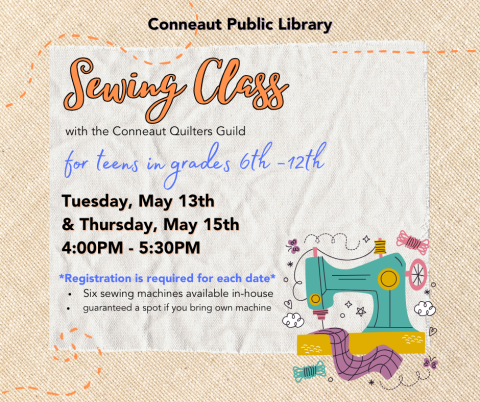 teen sewing class, Tuesday May 13th and Thursday, May 15th from 4:00-5:30
